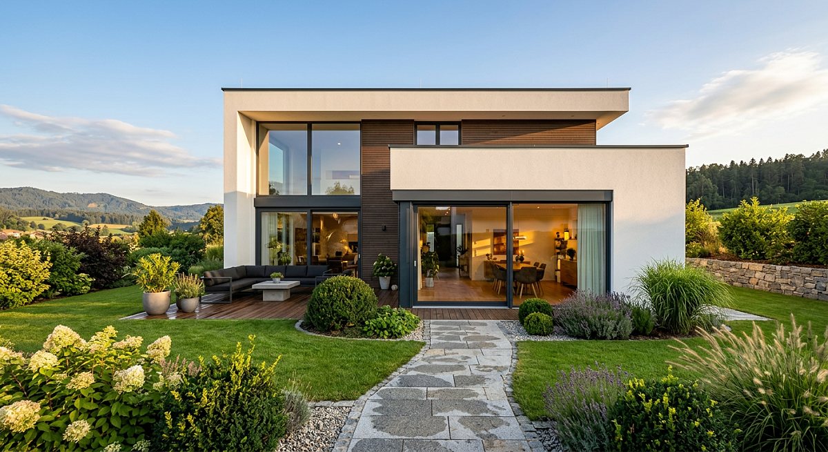 Modernes Einfamilienhaus mit Garten am Abend
