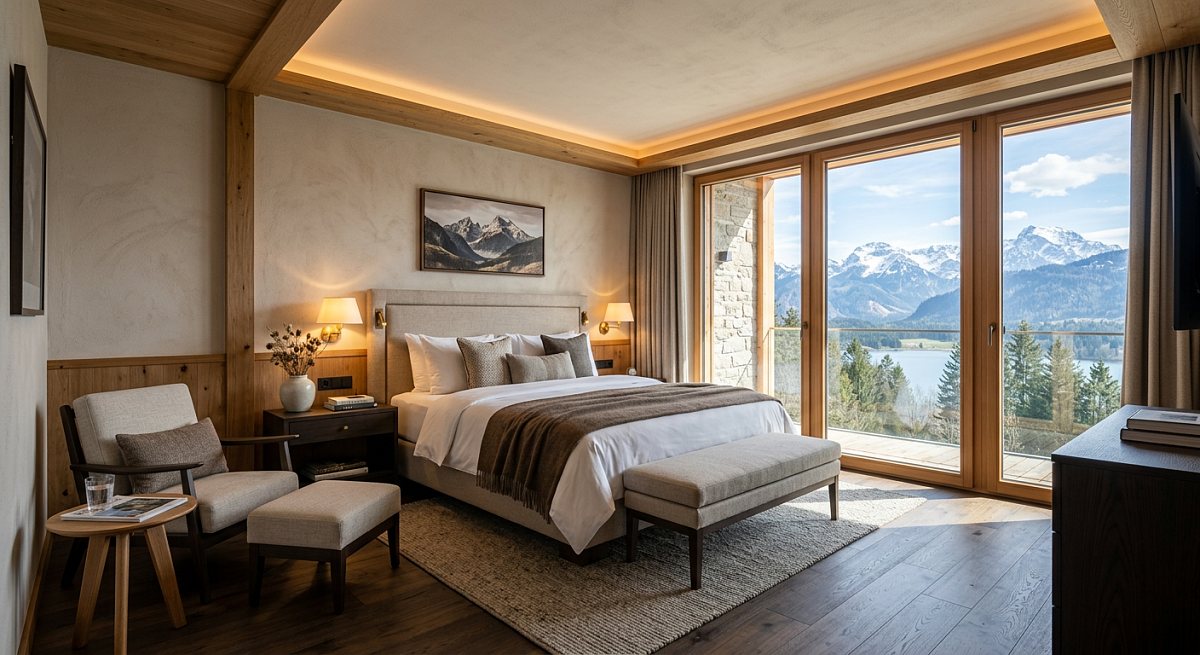 Hotelzimmer mit Holzelementen und Blick auf die Berge